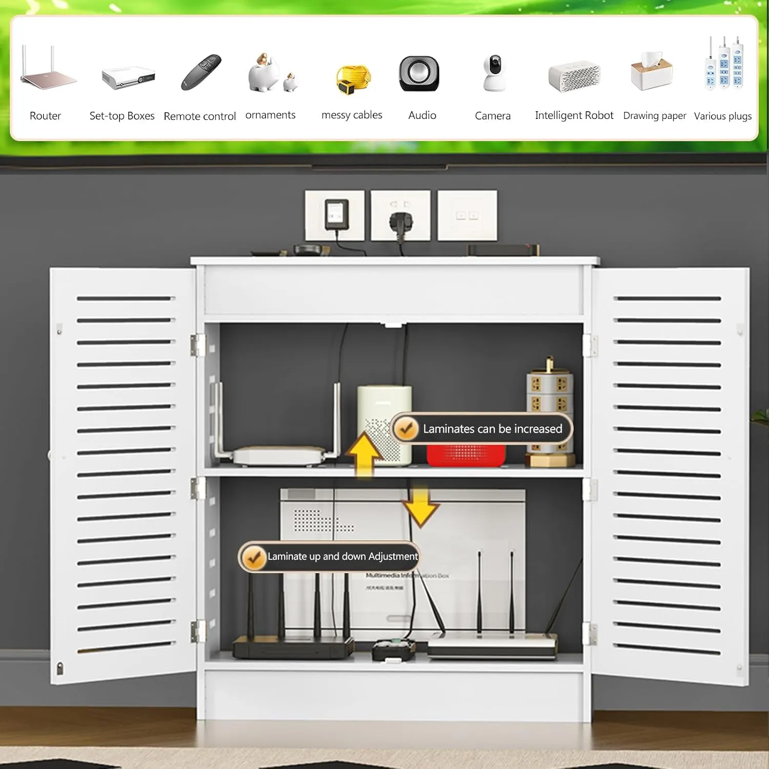 WiFi Router Storage Cabinet, Router Storage Box, Router Shelter Cabinet,PVC Breathable Grid Router Modem Hider Organizer for TV set-top boxes cable media equipment(35.4"Lx31.5"Hx11.8"W, White)