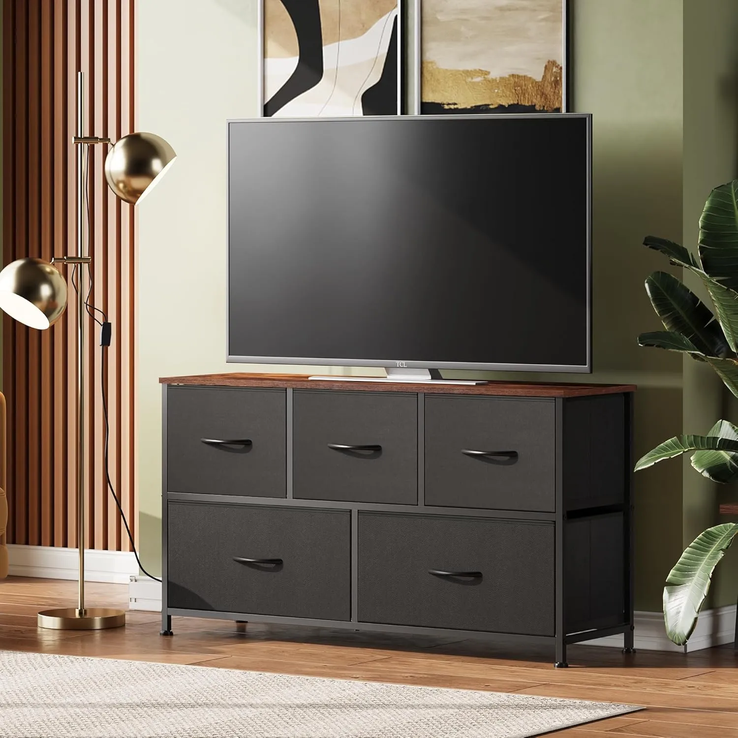 WLIVE Dresser for Bedroom with 5 Drawers, Wide Chest of Drawers, Fabric Dresser, Storage Organizer Unit with Fabric Bins for Closet, Living Room, Hallway, Black and Rustic Brown