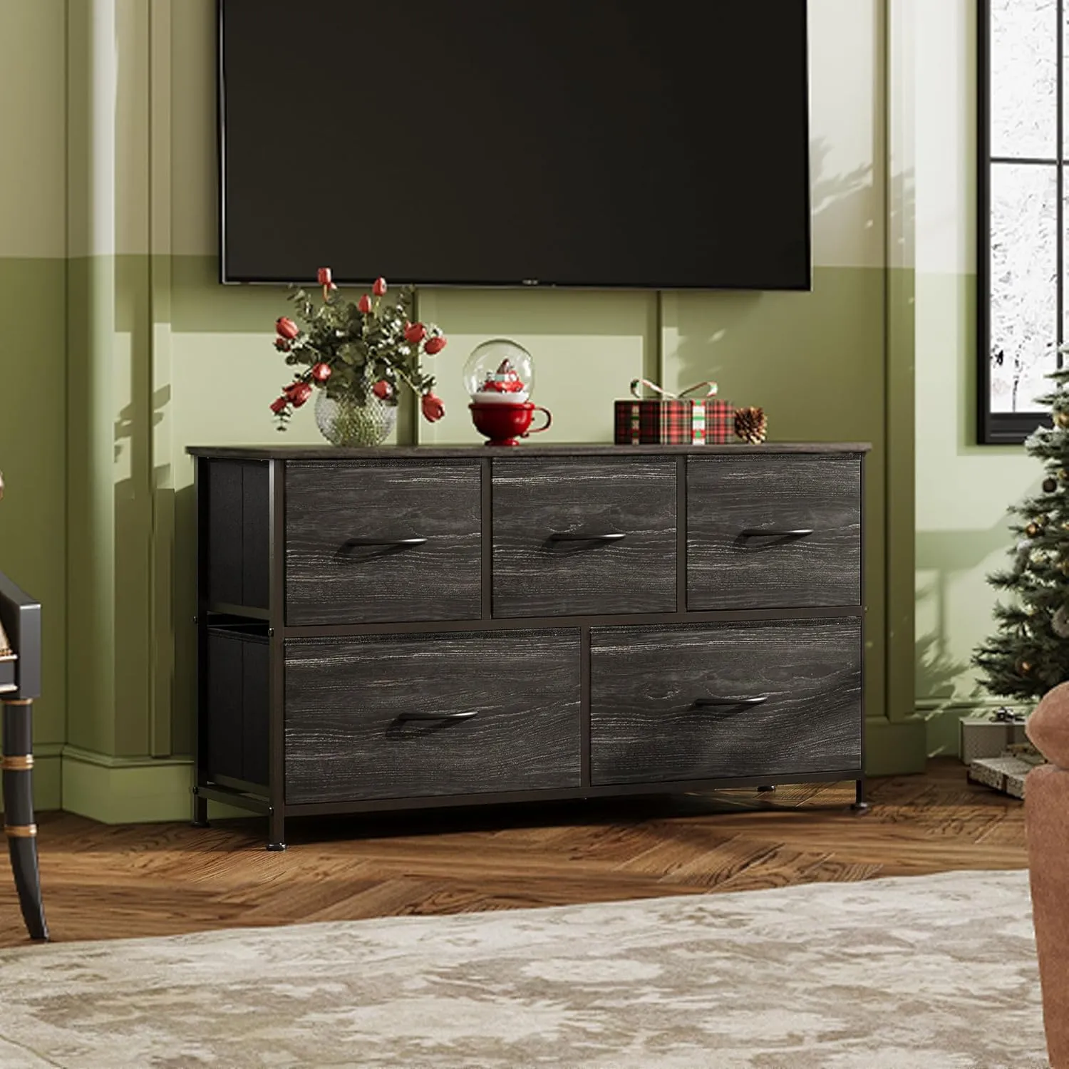 WLIVE Dresser for Bedroom with 5 Drawers, Wide Chest of Drawers, Fabric Dresser, Storage Organizer Unit with Fabric Bins for Closet, Living Room, Hallway, Charcoal Black Wood Grain Print