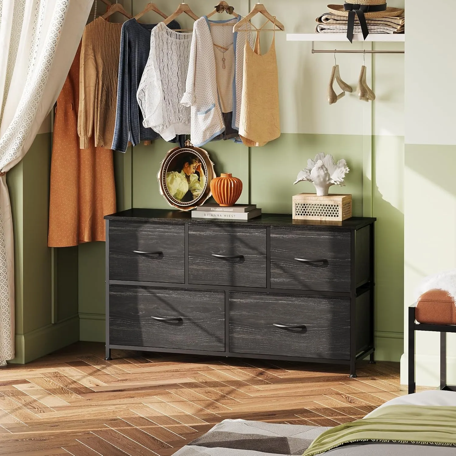 WLIVE Dresser for Bedroom with 5 Drawers, Wide Chest of Drawers, Fabric Dresser, Storage Organizer Unit with Fabric Bins for Closet, Living Room, Hallway, Charcoal Black Wood Grain Print