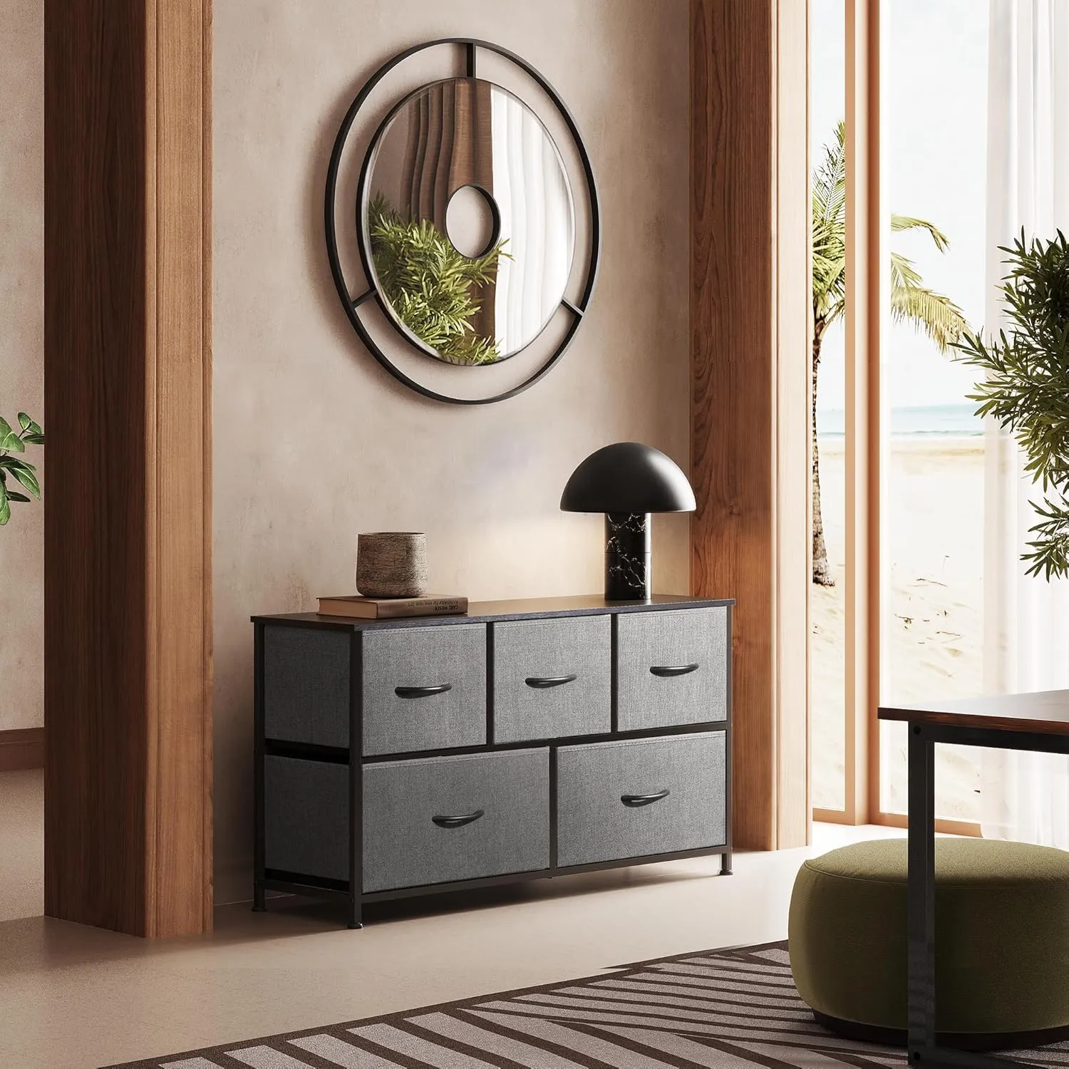WLIVE Dresser for Bedroom with 5 Drawers, Wide Chest of Drawers, Fabric Dresser, Storage Organizer Unit with Fabric Bins for Closet, Living Room, Hallway, Dark Grey