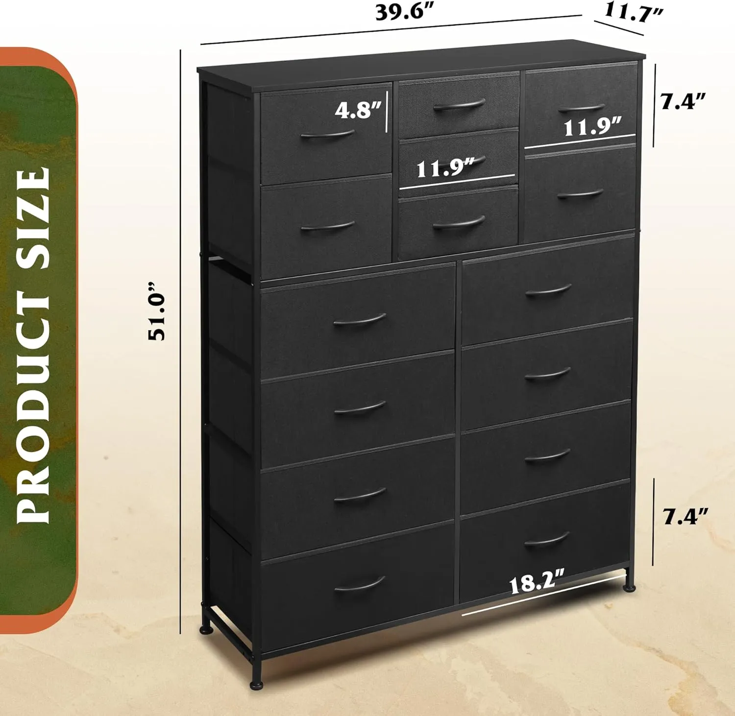 WLIVE Tall Black Dresser for Bedroom Furniture, Fabric Dressers Storage Tower with 15 Deep Drawers, Dresser for Closet, Hallway, Entryway, Office, Storage Tower with Cabinet, Metal Frame, Wooden Top
