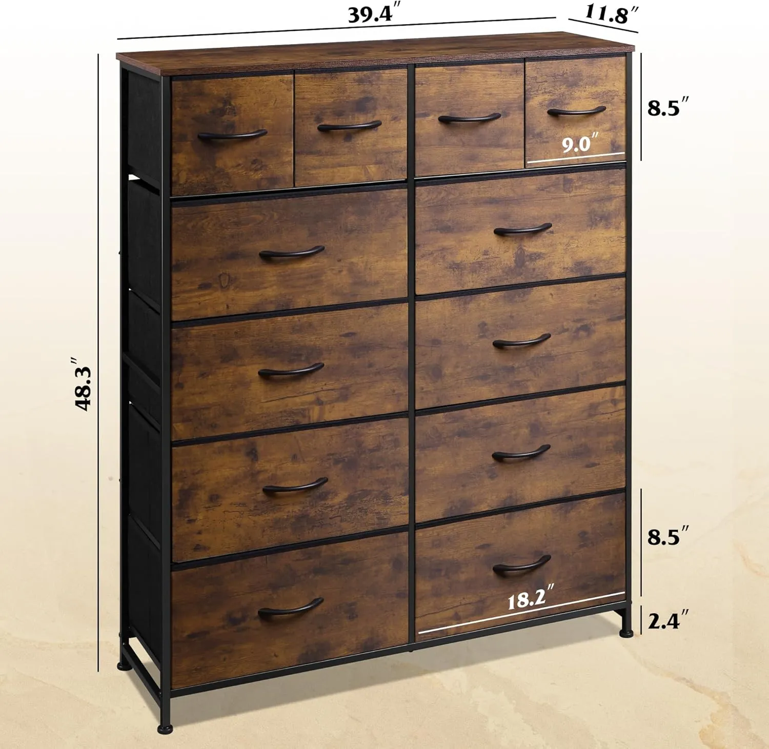 WLIVE Tall Dresser for Bedroom with 12 Drawers, Chests of Drawers, Fabric Dresser for Bedroom, Closet, Fabric Storage Dressers with Drawers, Steel Frame, Rustic Brown Wood Grain Print