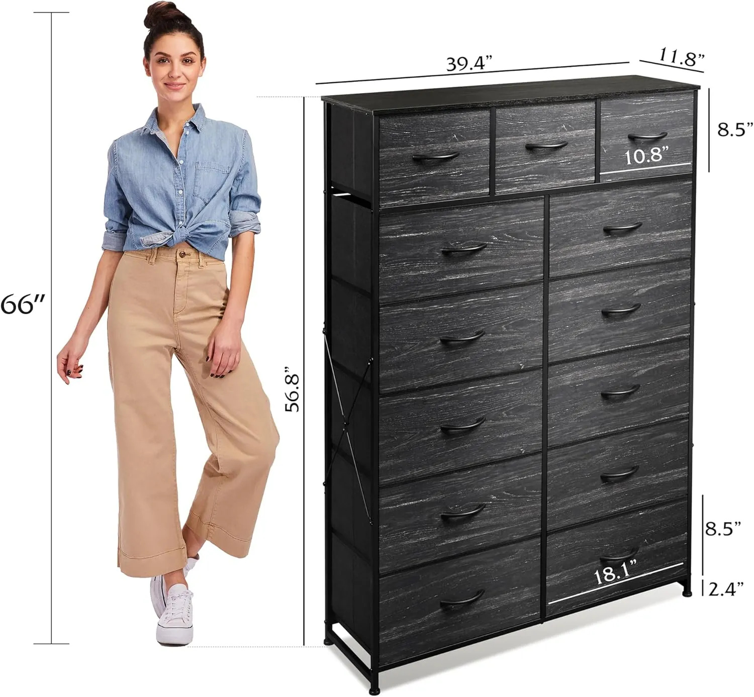 WLIVE Tall Dresser for Bedroom with 13 Drawers, Storage Dresser Organizer Unit, Fabric Dresser for Bedroom, Closet, Chest of Drawers, Steel Frame, Wood Top, Charcoal Black Wood Grain Print