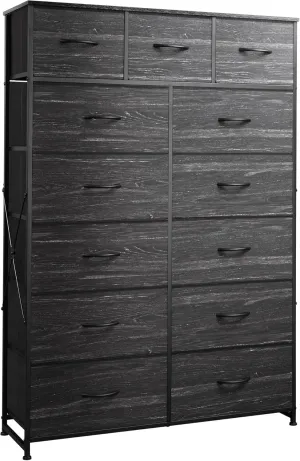 WLIVE Tall Dresser for Bedroom with 13 Drawers, Storage Dresser Organizer Unit, Fabric Dresser for Bedroom, Closet, Chest of Drawers, Steel Frame, Wood Top, Charcoal Black Wood Grain Print