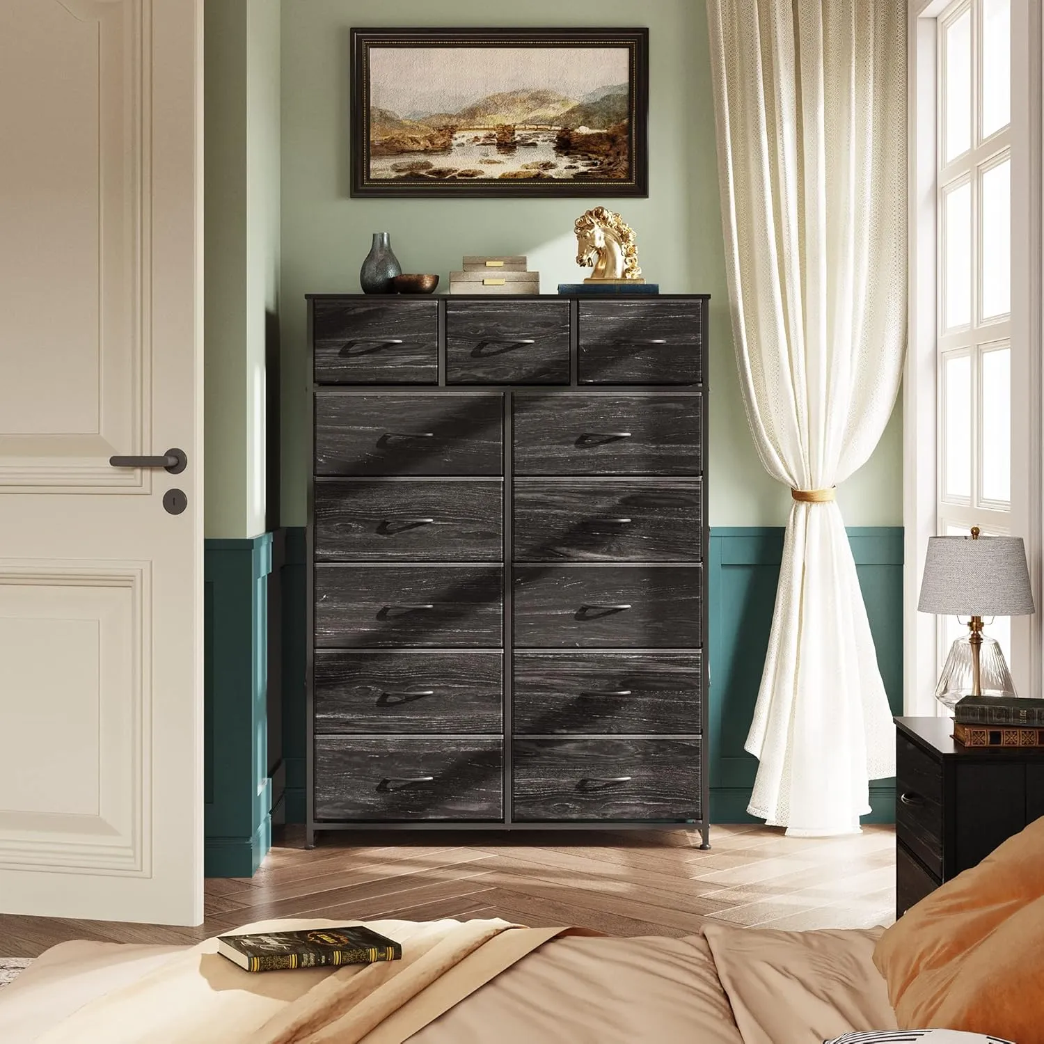 WLIVE Tall Dresser for Bedroom with 13 Drawers, Storage Dresser Organizer Unit, Fabric Dresser for Bedroom, Closet, Chest of Drawers, Steel Frame, Wood Top, Charcoal Black Wood Grain Print