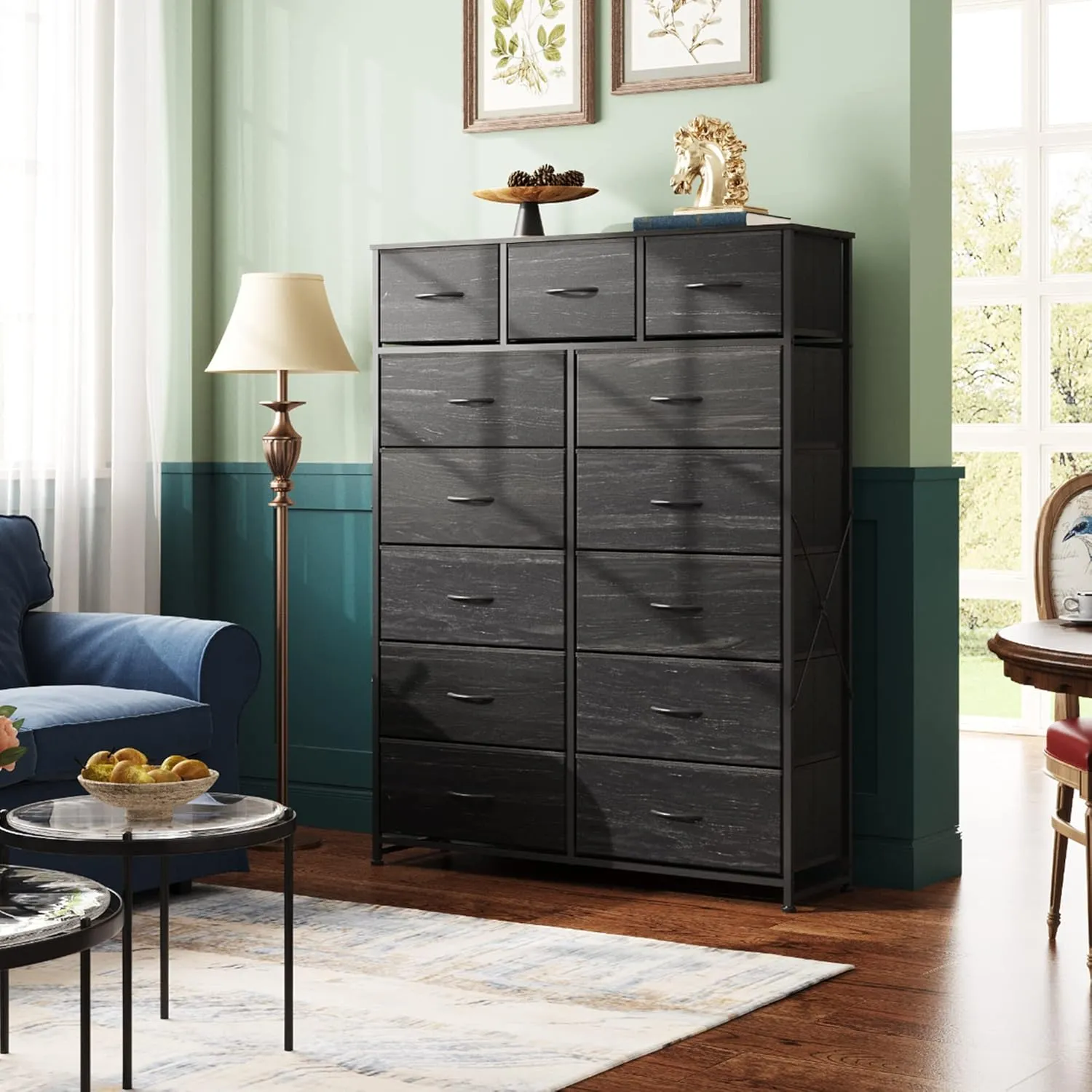 WLIVE Tall Dresser for Bedroom with 13 Drawers, Storage Dresser Organizer Unit, Fabric Dresser for Bedroom, Closet, Chest of Drawers, Steel Frame, Wood Top, Charcoal Black Wood Grain Print