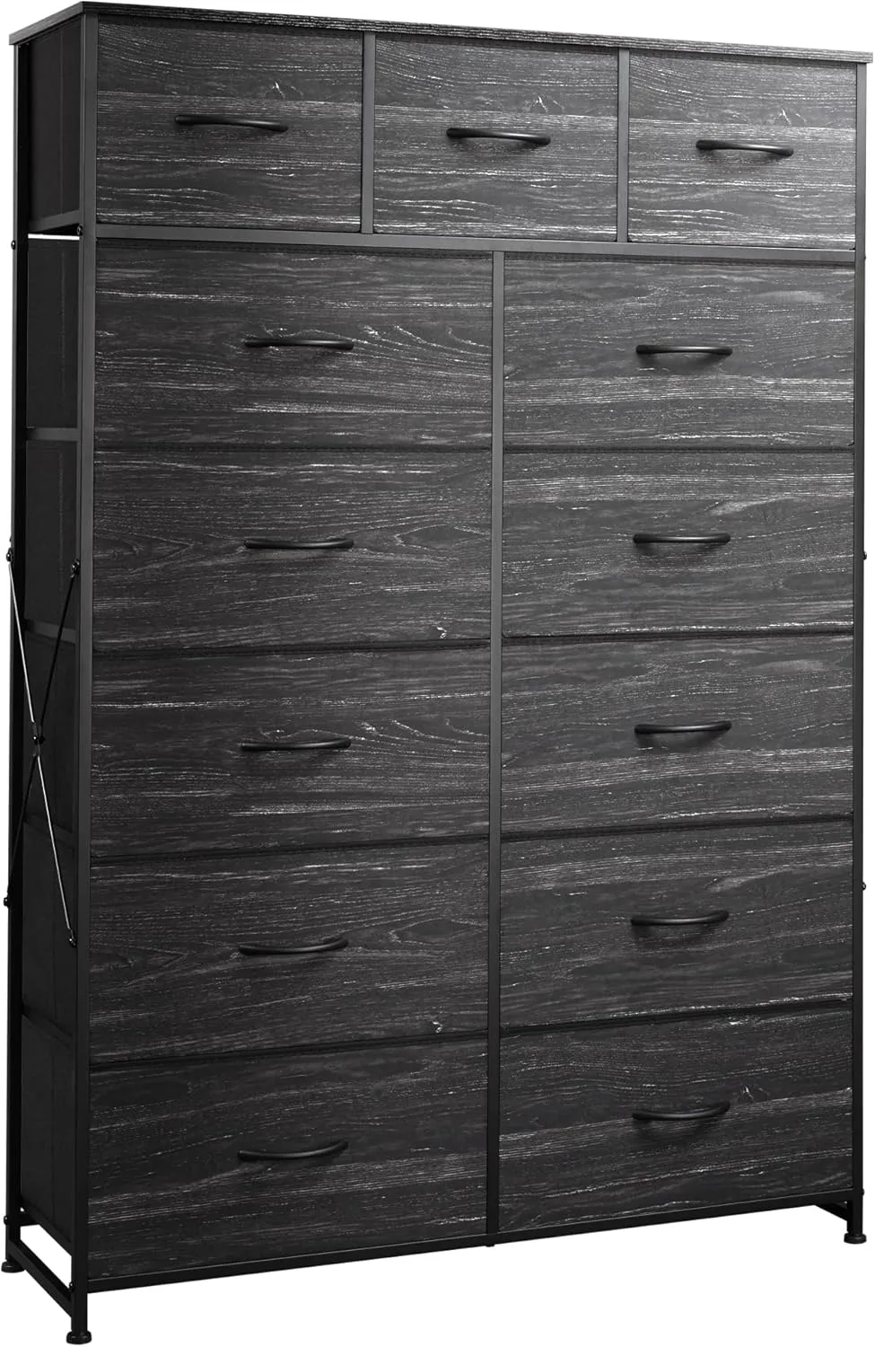 WLIVE Tall Dresser for Bedroom with 13 Drawers, Storage Dresser Organizer Unit, Fabric Dresser for Bedroom, Closet, Chest of Drawers, Steel Frame, Wood Top, Charcoal Black Wood Grain Print