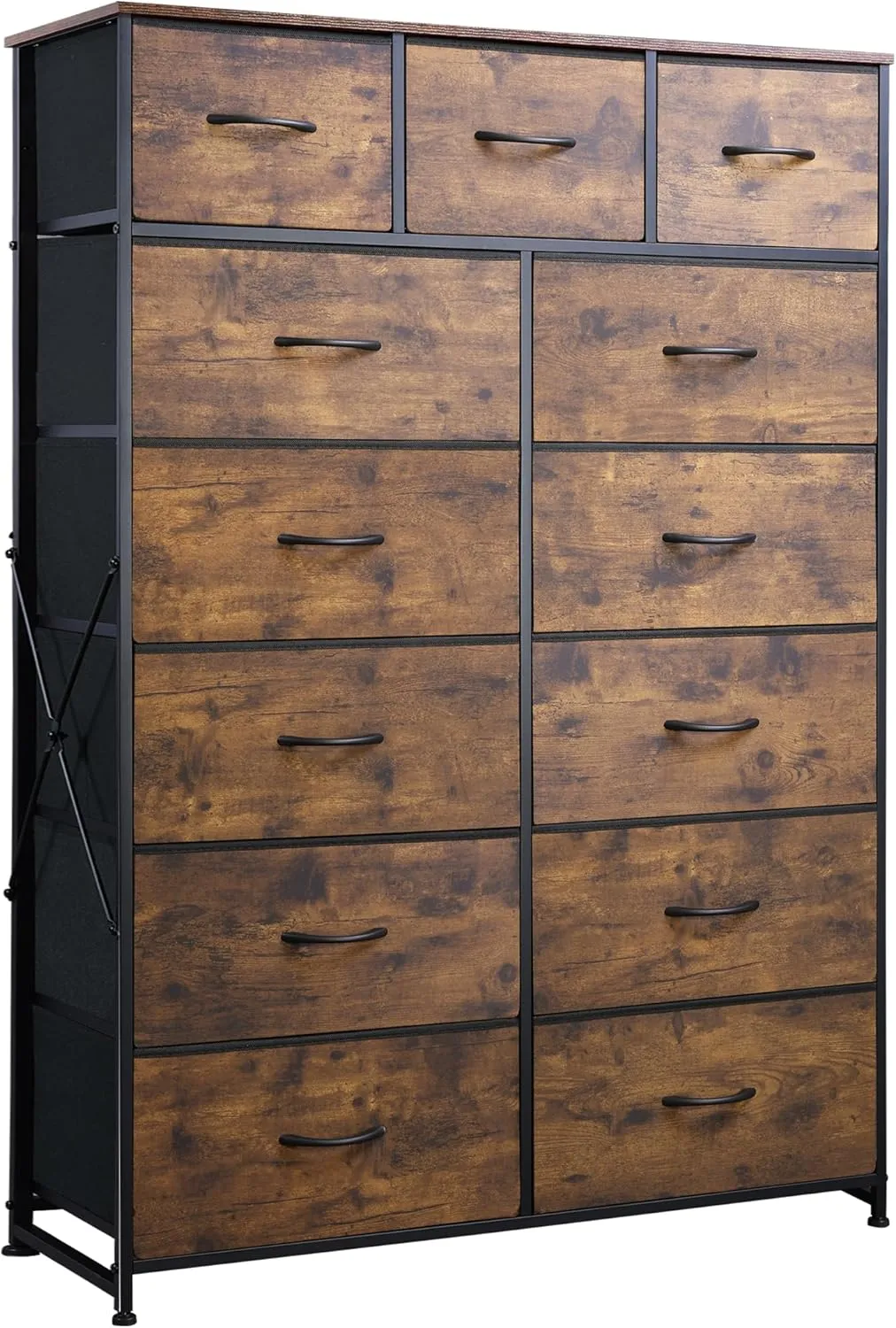 WLIVE Tall Dresser for Bedroom with 13 Drawers, Storage Dresser Organizer Unit, Fabric Dresser for Bedroom, Closet, Chest of Drawers, Steel Frame, Wood Top, Rustic Brown Wood Grain Print