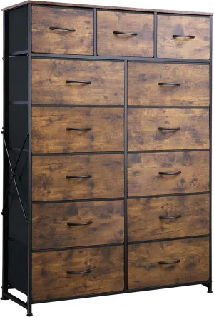 WLIVE Tall Dresser for Bedroom with 13 Drawers, Storage Dresser Organizer Unit, Fabric Dresser for Bedroom, Closet, Chest of Drawers, Steel Frame, Wood Top, Rustic Brown Wood Grain Print