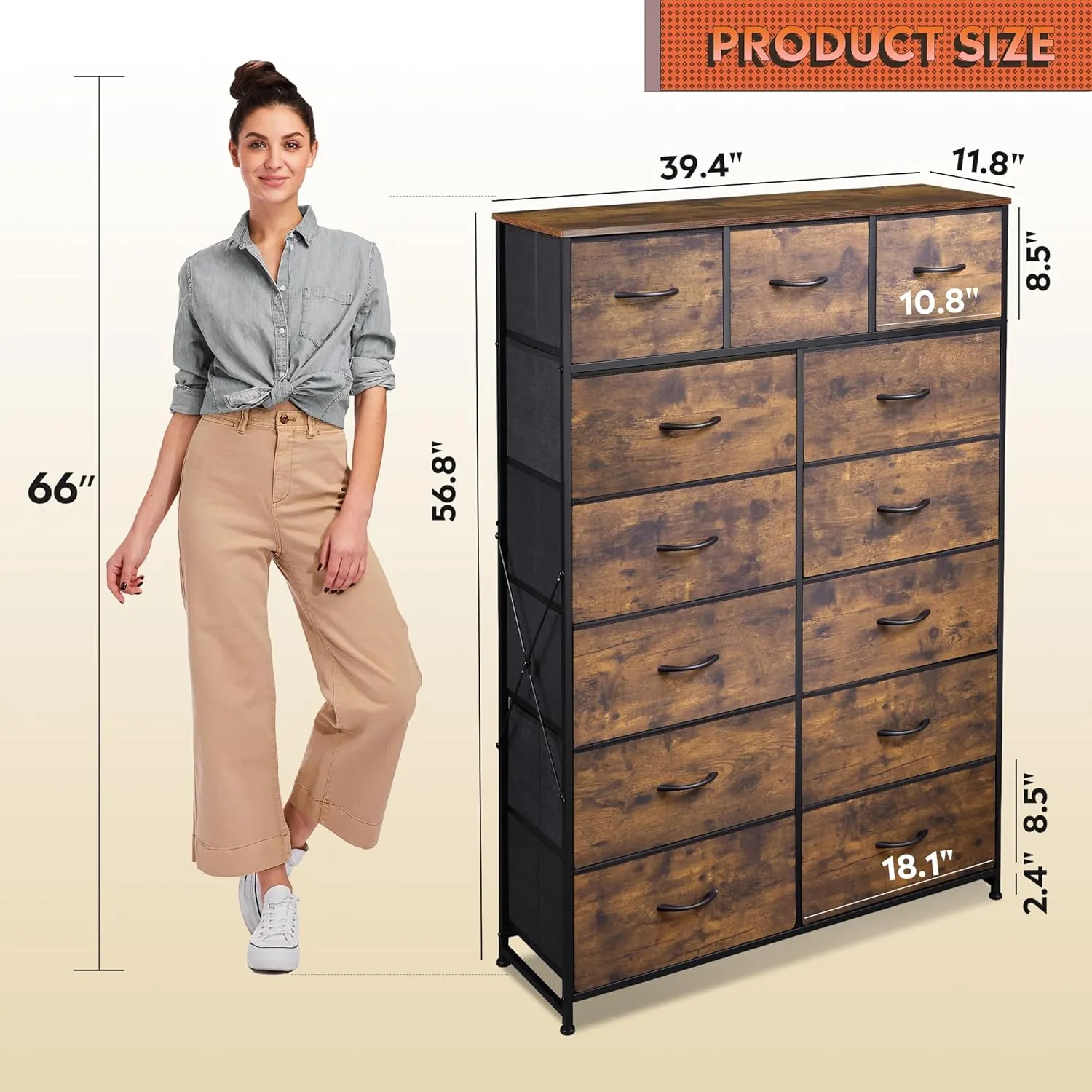 WLIVE Tall Dresser for Bedroom with 13 Drawers, Storage Dresser Organizer Unit, Fabric Dresser for Bedroom, Closet, Chest of Drawers, Steel Frame, Wood Top, Rustic Brown Wood Grain Print