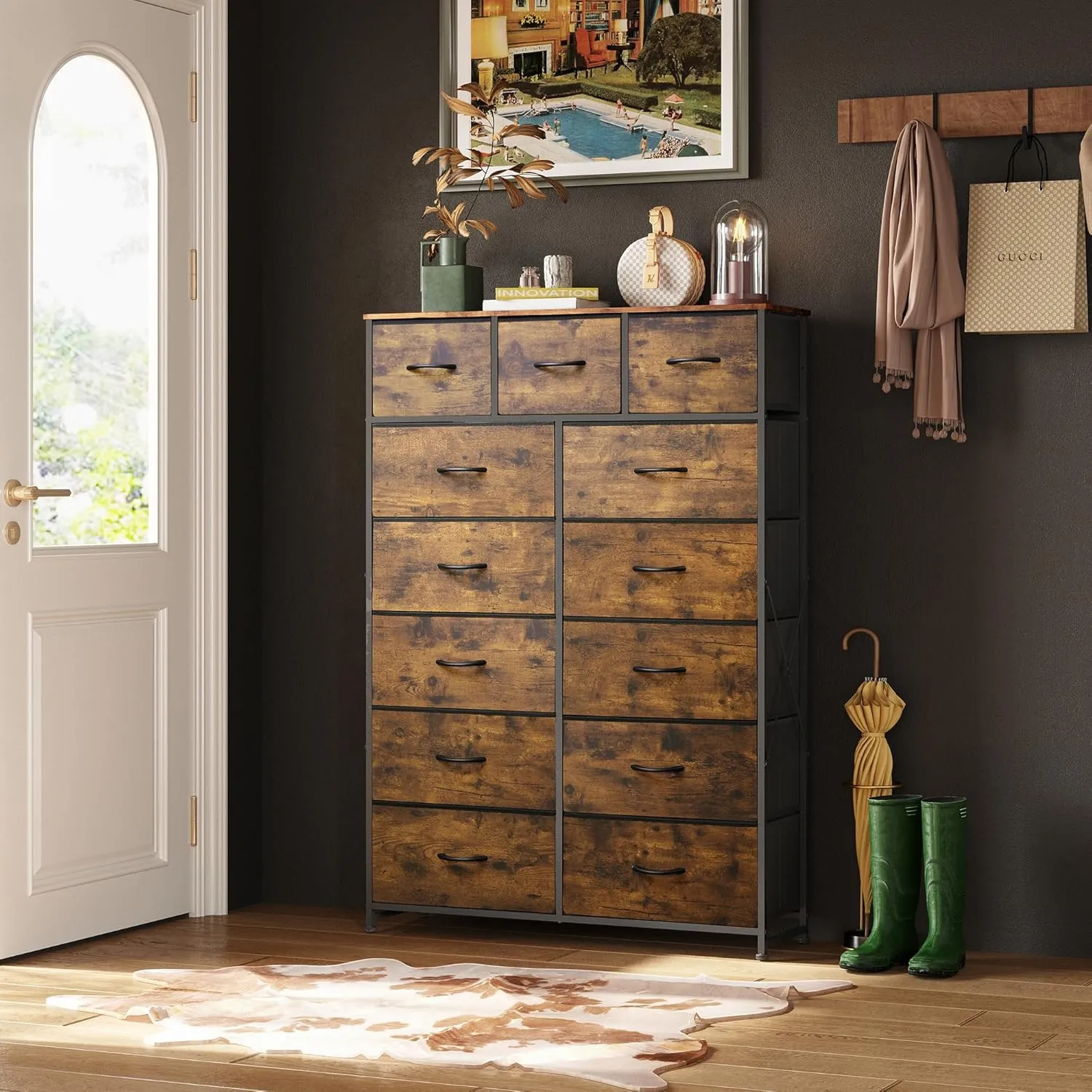 WLIVE Tall Dresser for Bedroom with 13 Drawers, Storage Dresser Organizer Unit, Fabric Dresser for Bedroom, Closet, Chest of Drawers, Steel Frame, Wood Top, Rustic Brown Wood Grain Print