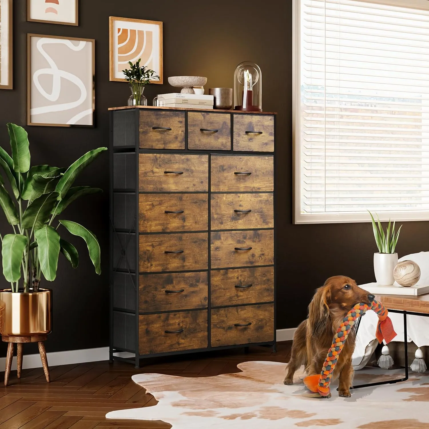 WLIVE Tall Dresser for Bedroom with 13 Drawers, Storage Dresser Organizer Unit, Fabric Dresser for Bedroom, Closet, Chest of Drawers, Steel Frame, Wood Top, Rustic Brown Wood Grain Print