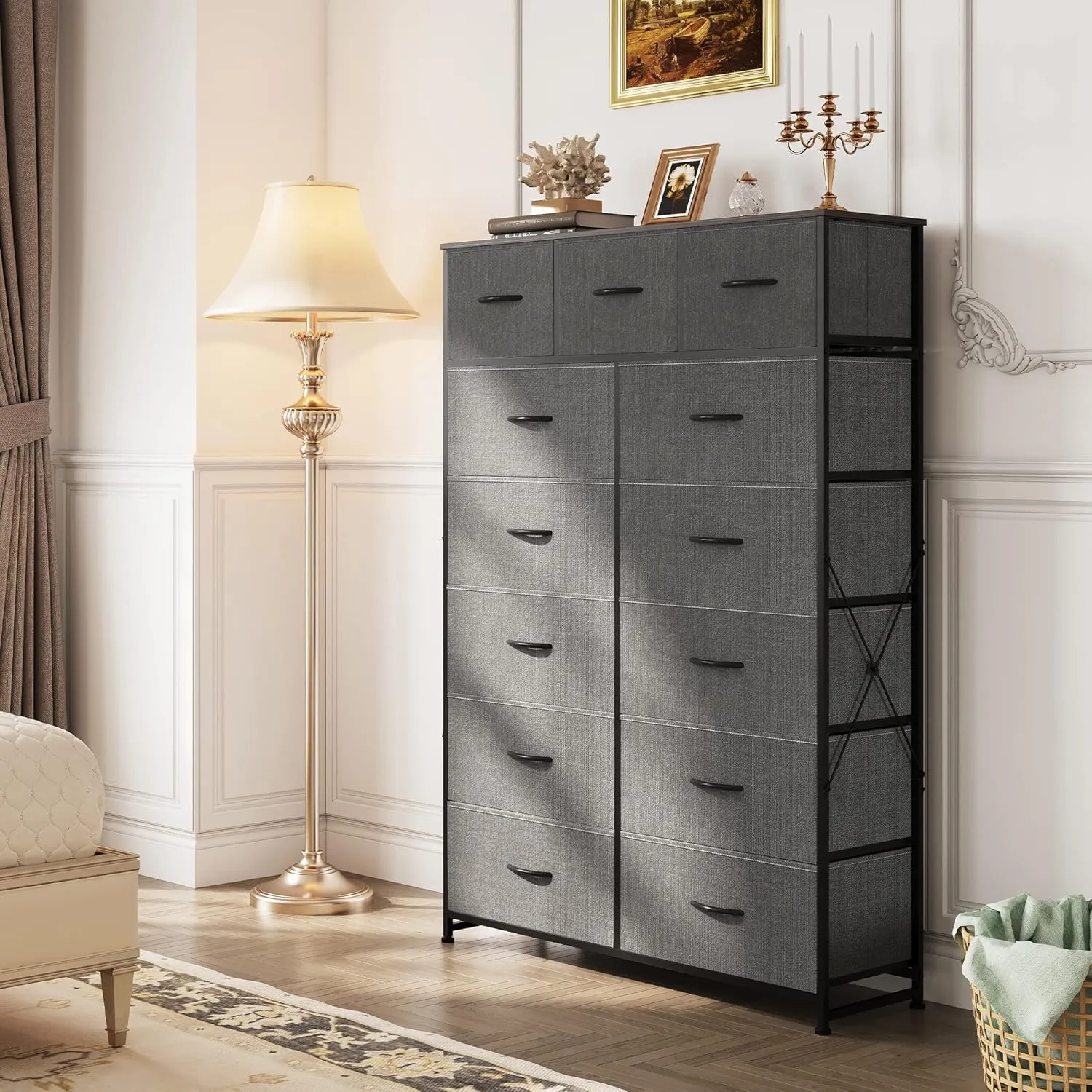 WLIVE Tall Dresser for Bedroom with 13 Drawers, Storage Organizer Unit, Fabric Dresser for Bedroom, Closet, Chest of Drawers with Fabric Bins, Steel Frame, Wood Top, Dark Grey