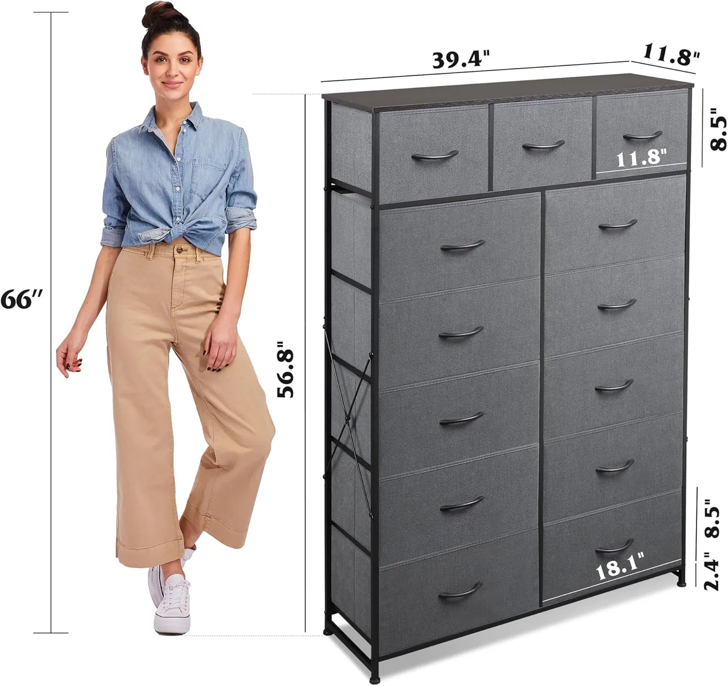 WLIVE Tall Dresser for Bedroom with 13 Drawers, Storage Organizer Unit, Fabric Dresser for Bedroom, Closet, Chest of Drawers with Fabric Bins, Steel Frame, Wood Top, Dark Grey