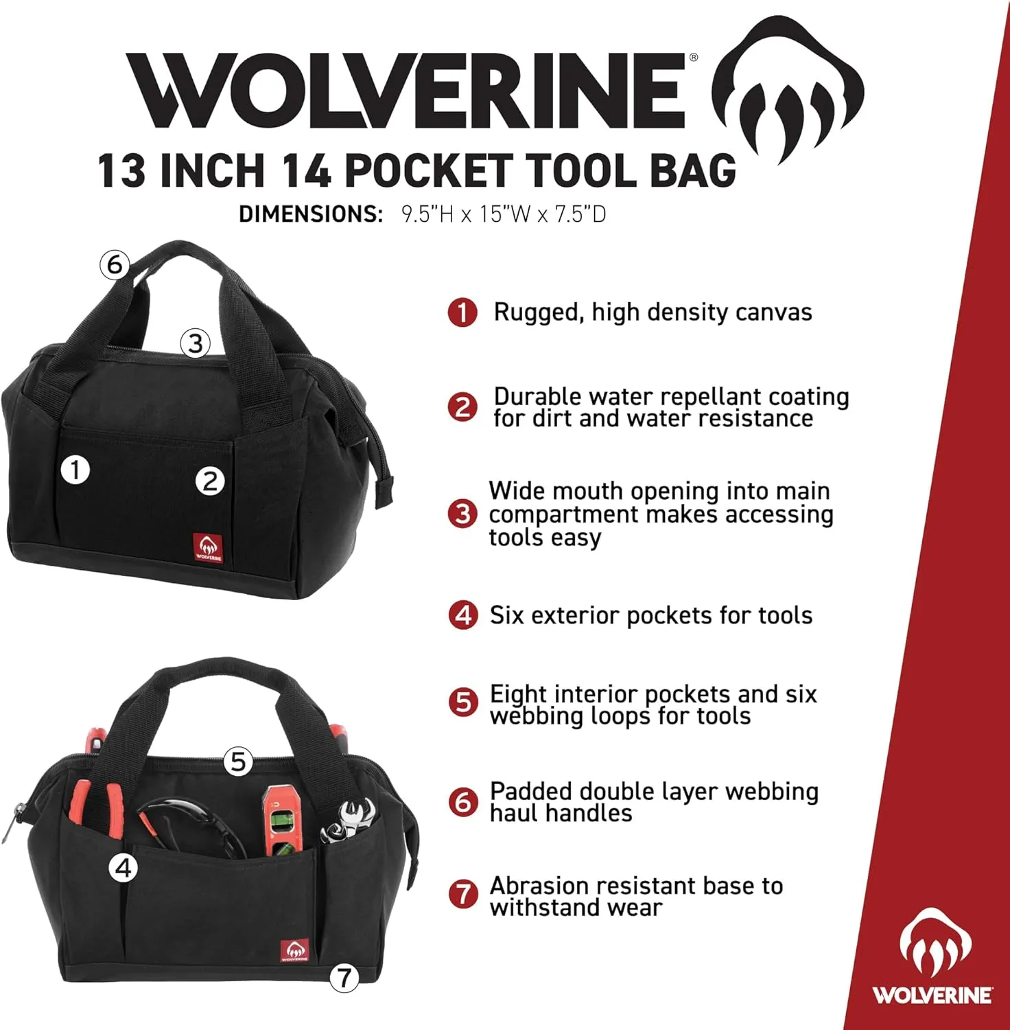 Wolverine Tool Bag |Tote | Utility Roll | Durable Nailhead Nylon, Adjustable Straps, and Versatile Pockets