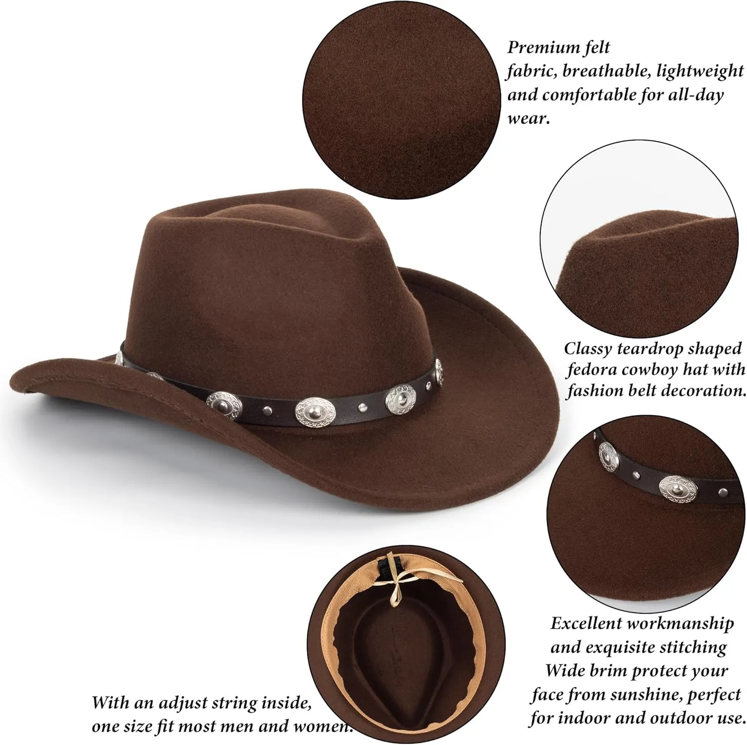 Women & Men Felt Western Cowboy Hat Classic Roll Up Brim Belt Buckle Cowgirl Fedora (M-L)