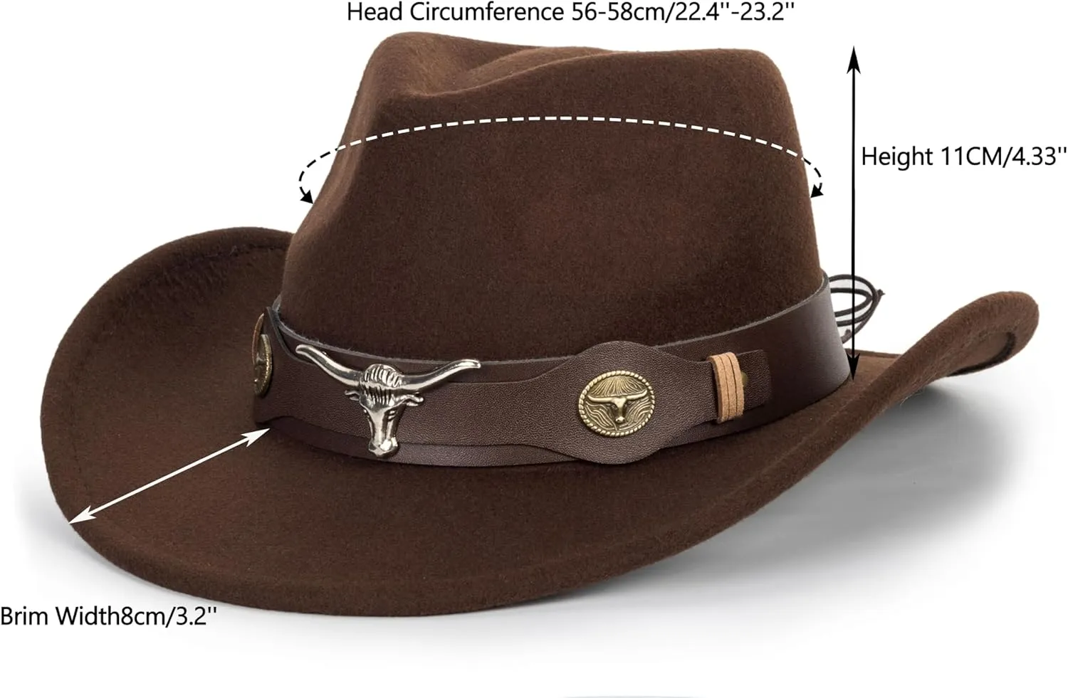 Women & Men Felt Western Cowboy Hat Classic Roll Up Brim Belt Buckle Cowgirl Fedora (M-L)