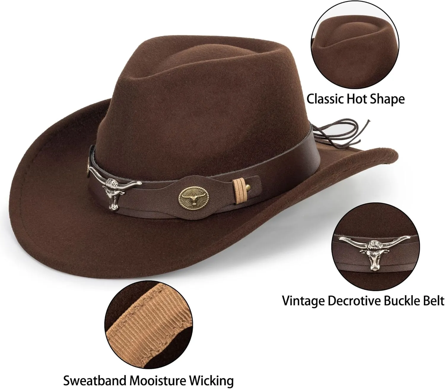 Women & Men Felt Western Cowboy Hat Classic Roll Up Brim Belt Buckle Cowgirl Fedora (M-L)