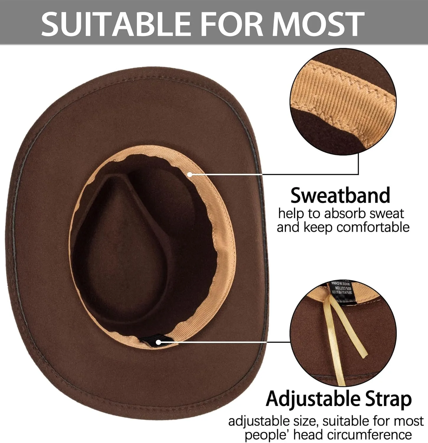 Women & Men Felt Western Cowboy Hat Classic Roll Up Brim Belt Buckle Cowgirl Fedora (M-L)