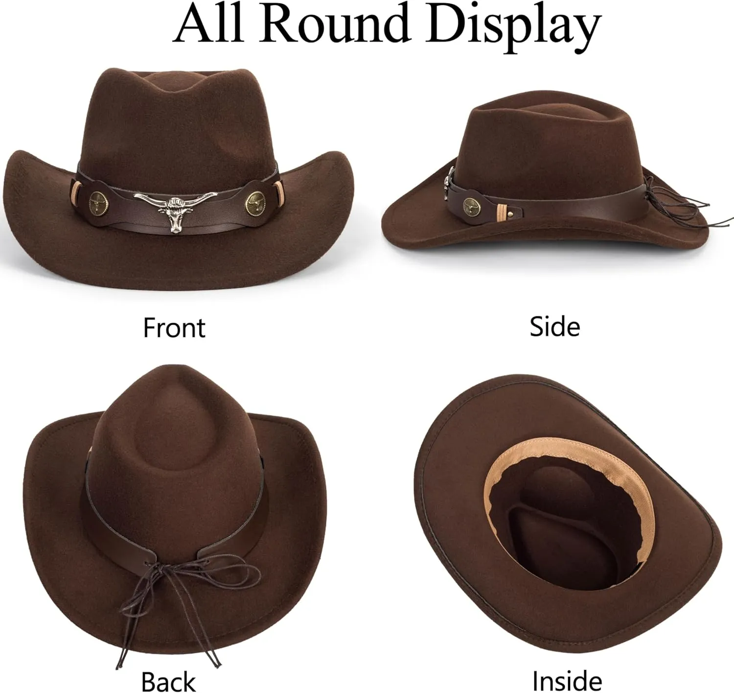 Women & Men Felt Western Cowboy Hat Classic Roll Up Brim Belt Buckle Cowgirl Fedora (M-L)