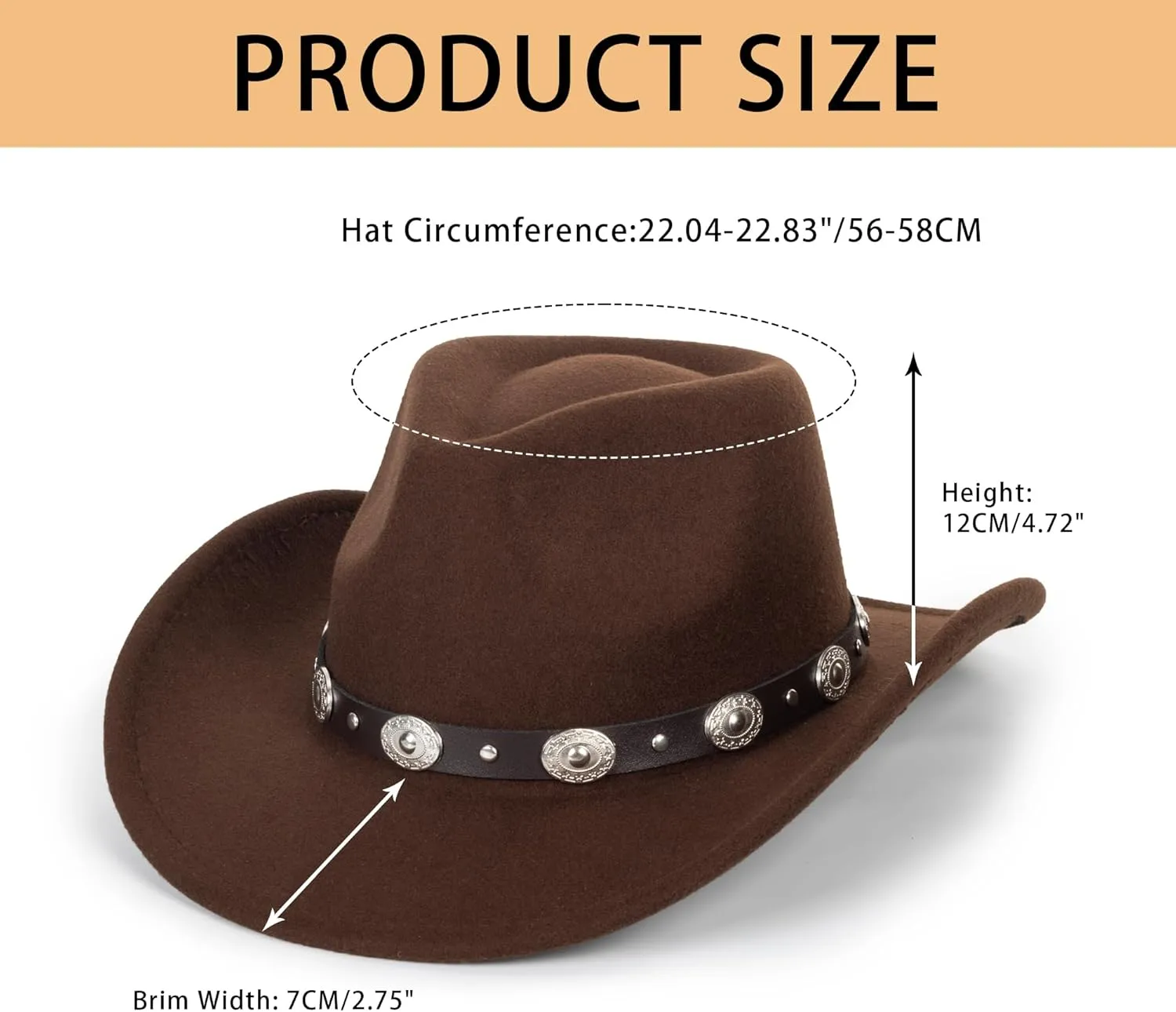 Women & Men Felt Western Cowboy Hat Classic Roll Up Brim Belt Buckle Cowgirl Fedora (M-L)