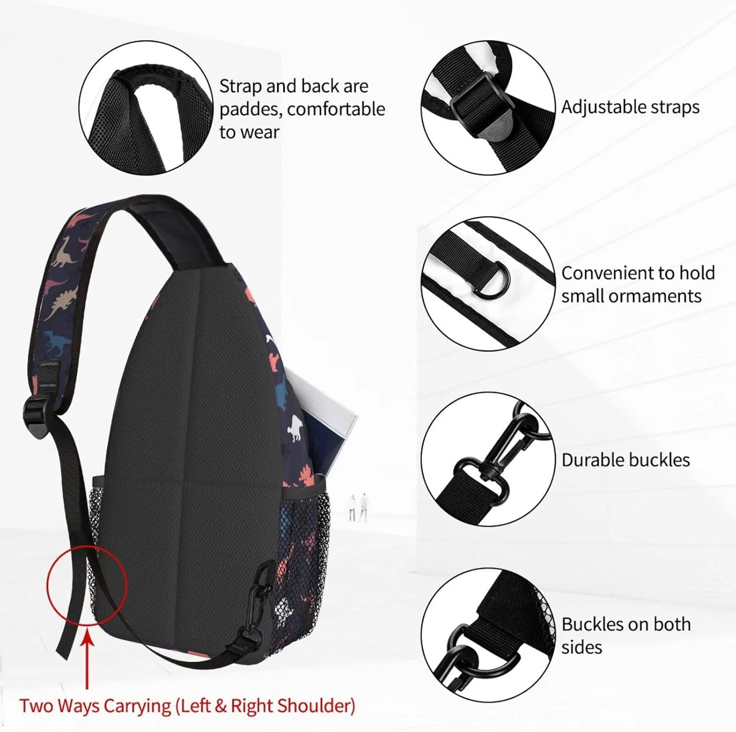 Women Dinosaur Vintage Camouflage Crossbody Sling Backpack for Men Chest Bag Shoulder Bag Lightweight One Strap Backpack Travel Outdoor Daypack