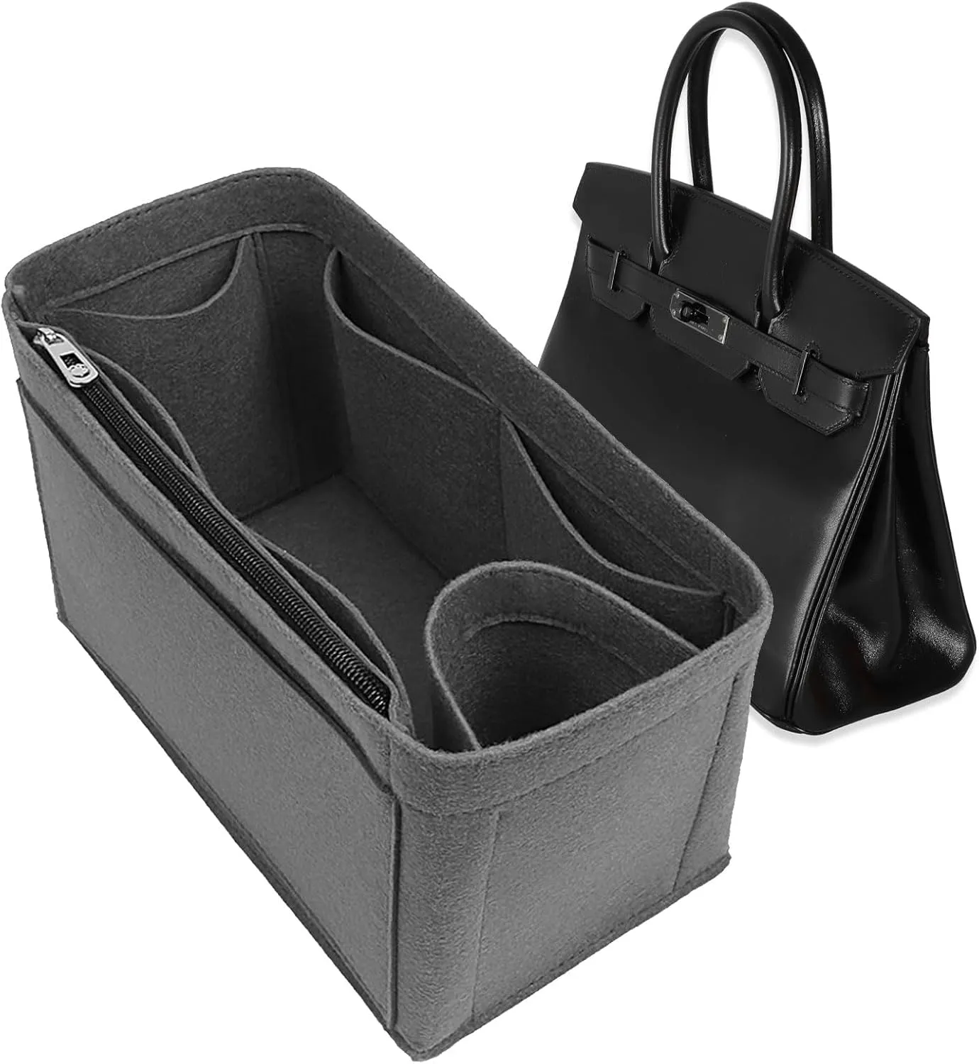 Women's Handbag Insert Storage Pockets, Felt Purse Organizer for Birkin 25/30/35 Bag Organizer (Light Grey,BK30)