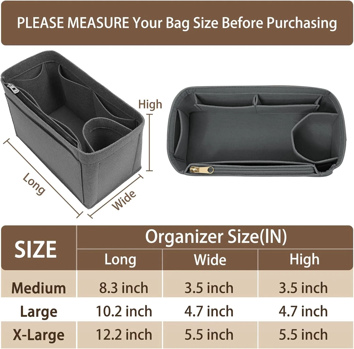 Women's Handbag Insert Storage Pockets, Felt Purse Organizer for Birkin 25/30/35 Bag Organizer (Light Grey,BK30)