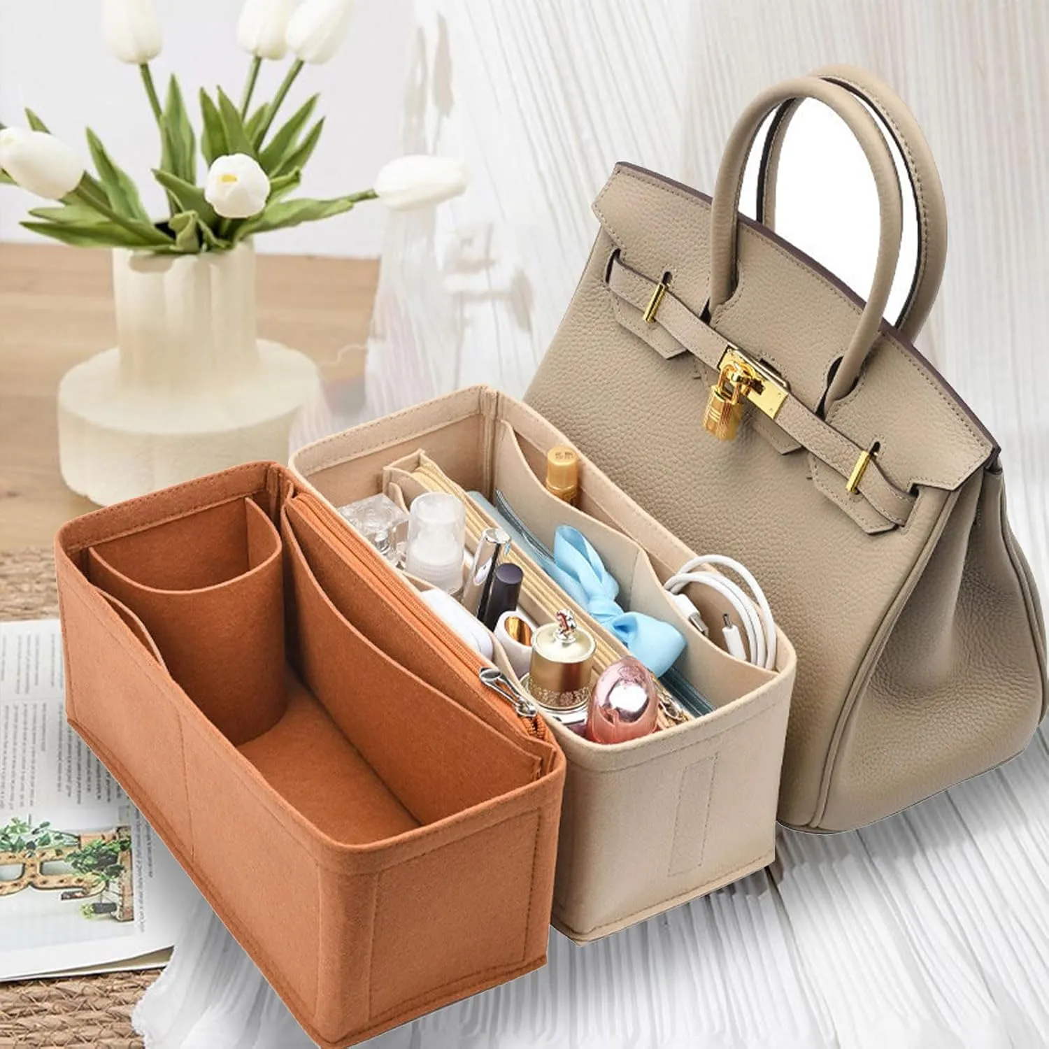 Women's Handbag Insert Storage Pockets, Felt Purse Organizer for Birkin 25/30/35 Bag Organizer (Light Grey,BK30)