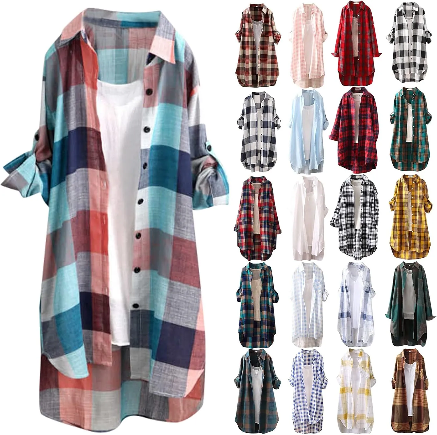 Women's Oversized Flannel Plaid Linen Shirts Camp Button Down Roll Up Sleeve Shirts Western Poplin Check Tunic Tops