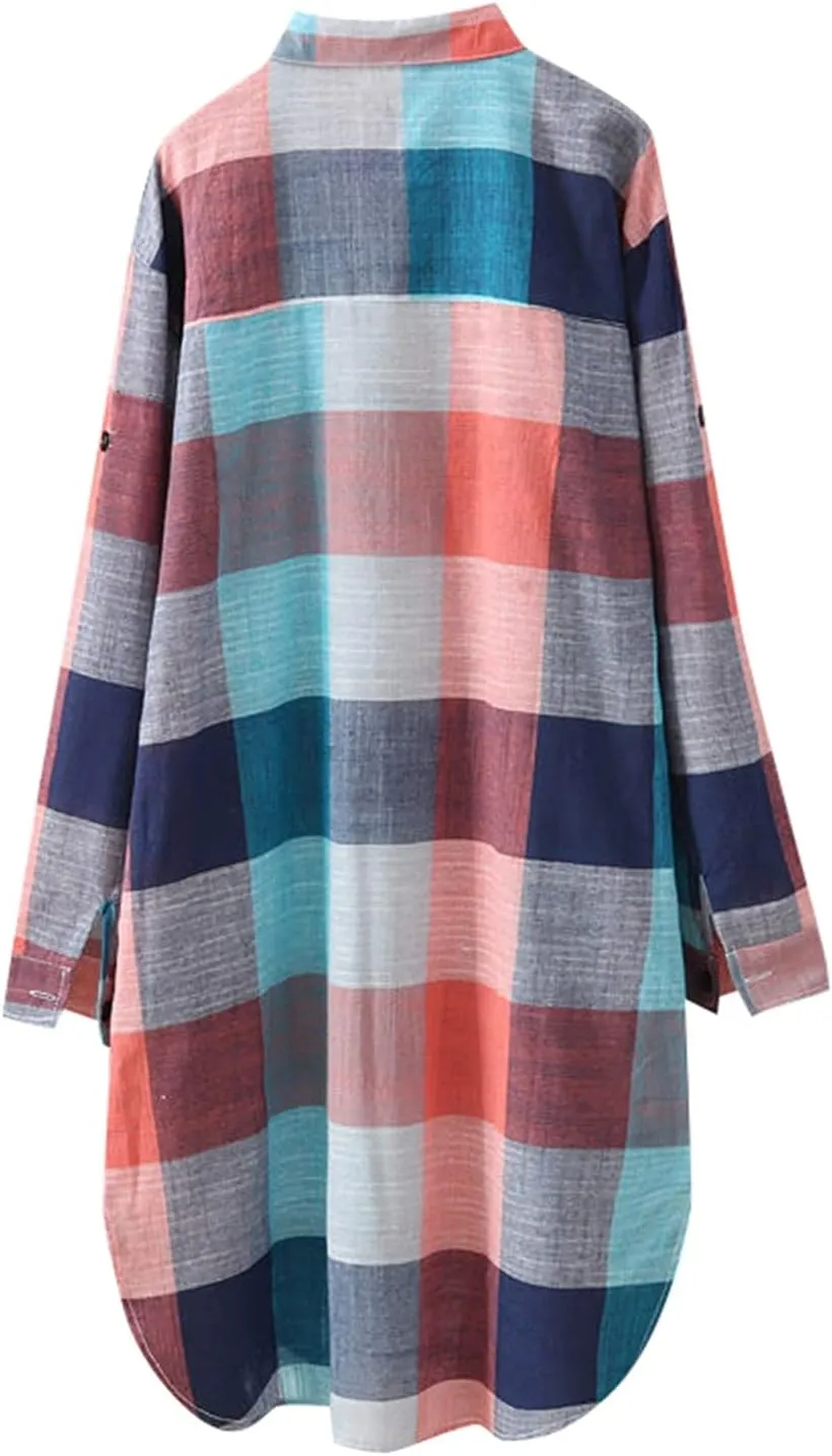 Women's Oversized Flannel Plaid Linen Shirts Camp Button Down Roll Up Sleeve Shirts Western Poplin Check Tunic Tops