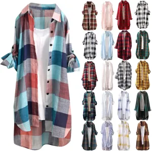 Women's Oversized Flannel Plaid Linen Shirts Camp Button Down Roll Up Sleeve Shirts Western Poplin Check Tunic Tops