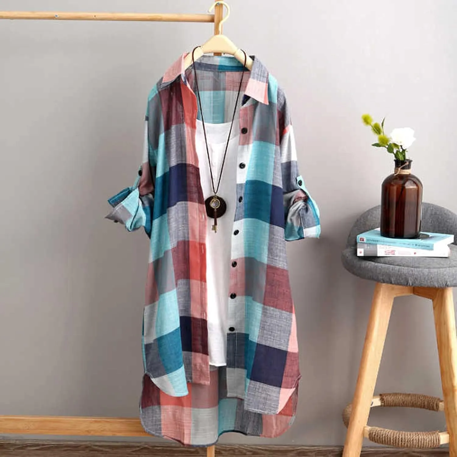 Women's Oversized Flannel Plaid Linen Shirts Camp Button Down Roll Up Sleeve Shirts Western Poplin Check Tunic Tops