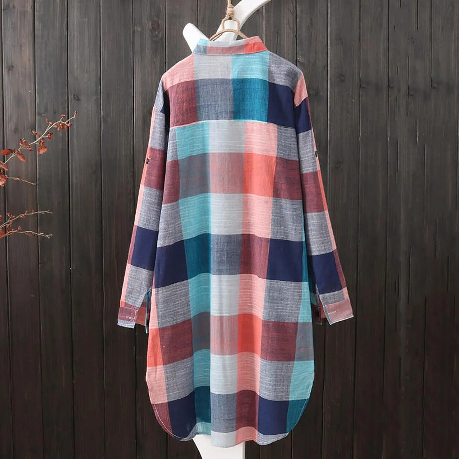 Women's Oversized Flannel Plaid Linen Shirts Camp Button Down Roll Up Sleeve Shirts Western Poplin Check Tunic Tops