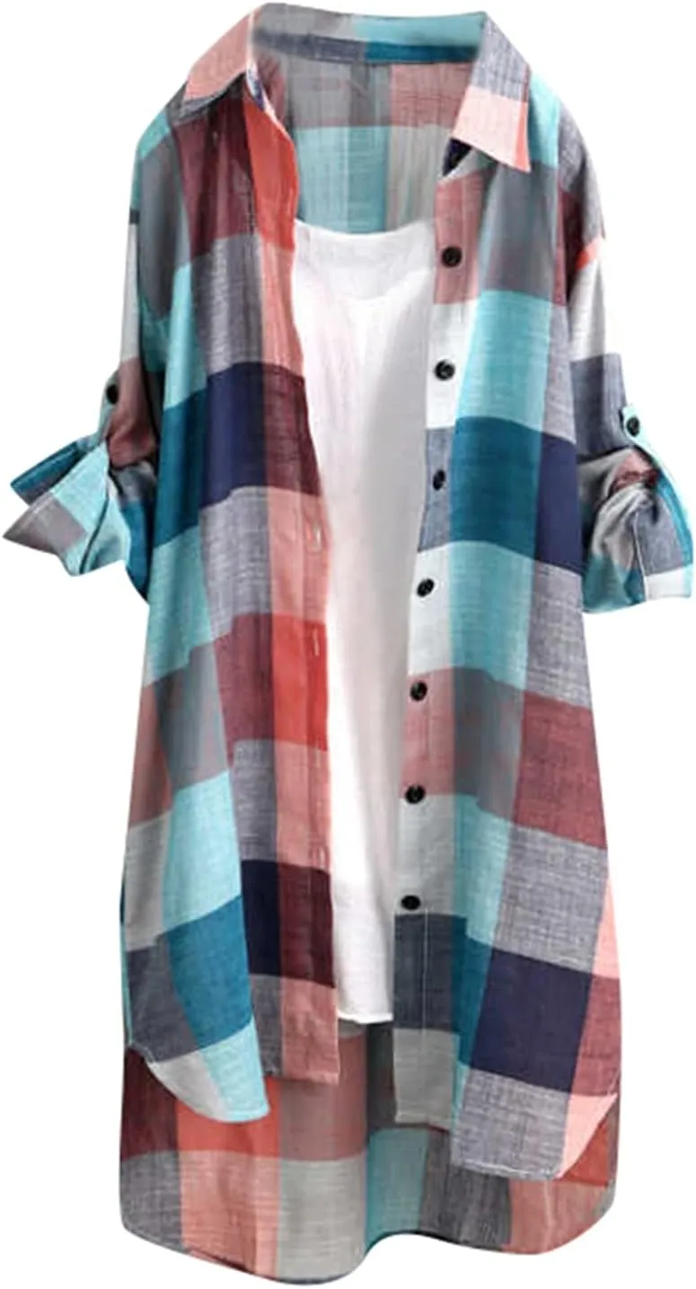 Women's Oversized Flannel Plaid Linen Shirts Camp Button Down Roll Up Sleeve Shirts Western Poplin Check Tunic Tops