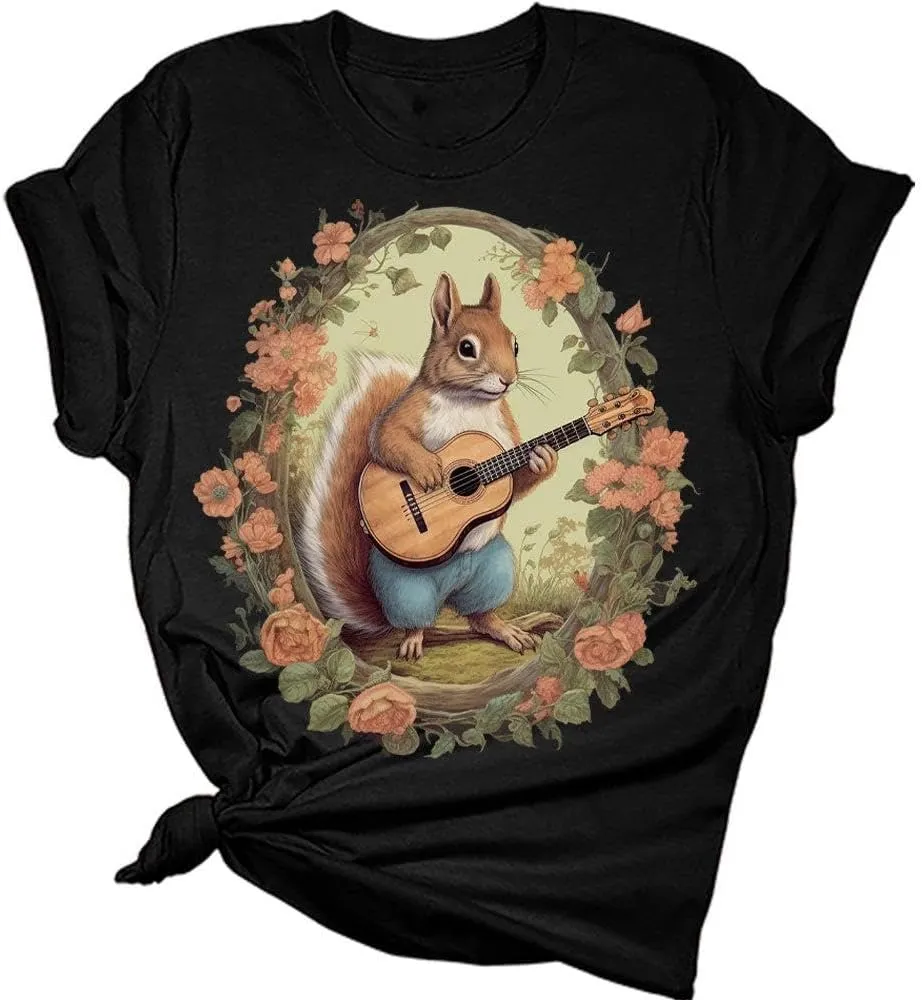 Womens Squirrel Shirt Cute Western Country Guitar T-Shirts Short Sleeve Graphic Tees Plus Size Summer Tops