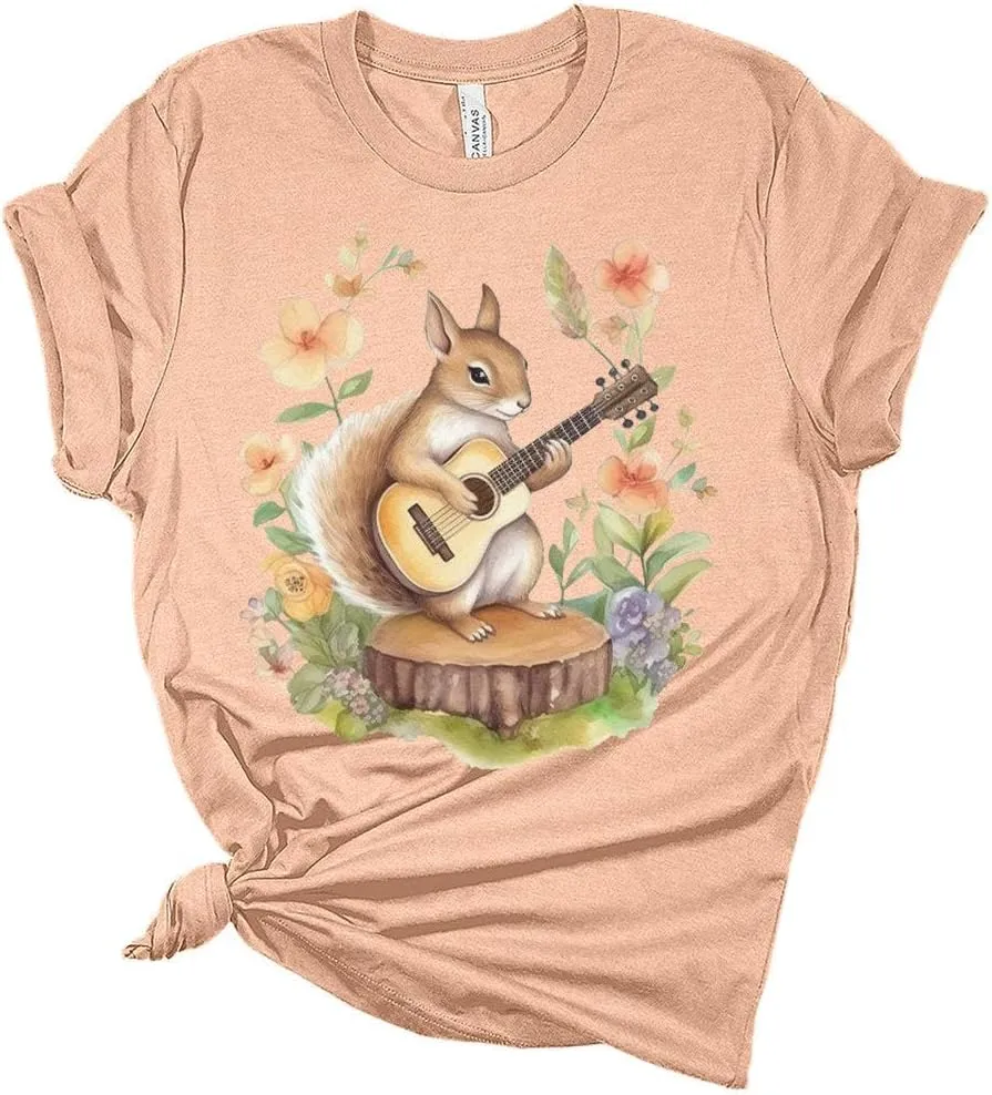 Womens Squirrel Shirt Cute Western Country Guitar T-Shirts Short Sleeve Graphic Tees Plus Size Summer Tops