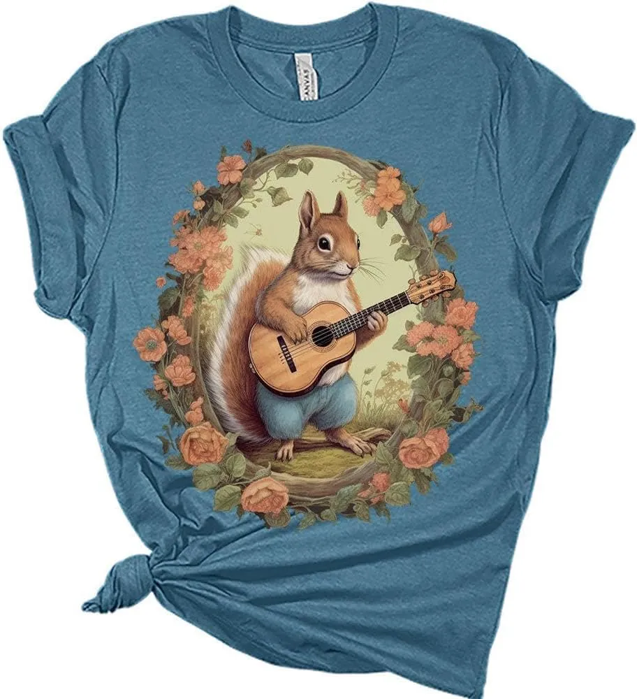 Womens Squirrel Shirt Cute Western Country Guitar T-Shirts Short Sleeve Graphic Tees Plus Size Summer Tops
