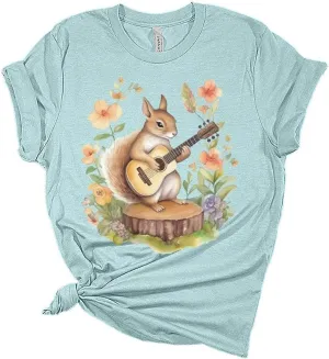 Womens Squirrel Shirt Cute Western Country Guitar T-Shirts Short Sleeve Graphic Tees Plus Size Summer Tops