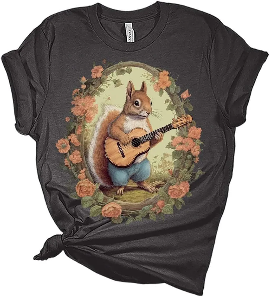 Womens Squirrel Shirt Cute Western Country Guitar T-Shirts Short Sleeve Graphic Tees Plus Size Summer Tops