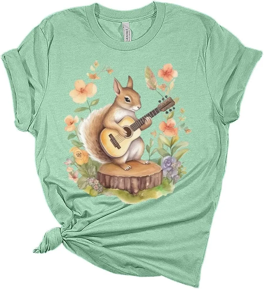 Womens Squirrel Shirt Cute Western Country Guitar T-Shirts Short Sleeve Graphic Tees Plus Size Summer Tops