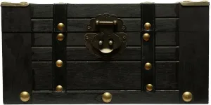 Wood and Leather Treasure Chest with Latch, Storage, Gift, Decoration, Pirate Chest, Vintage Handmade Craft Box for Jewelry, Tarot cards, and Home Decorations (Black 11 x 7 x 5.8 Inches)