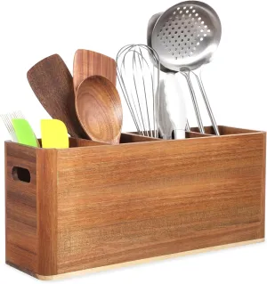 Wooden Utensil Holder for Kitchen Counter, Large Kitchen Utensil Organizer for Countertop, Acacia Wood Utensils Holder Utensils Caddy Tool for Storage Cooking and Silverware with 4 Compartment