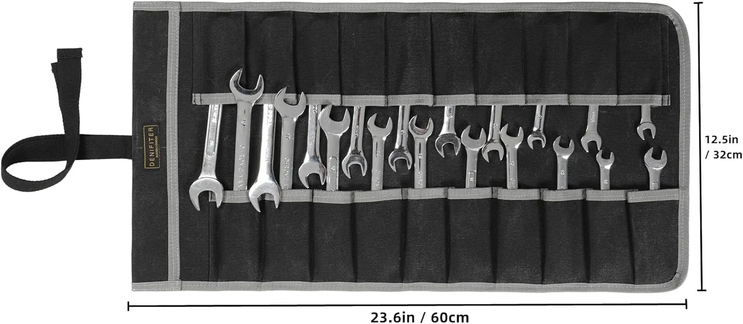 Wrench Roll Up Pouch (20 Slots), Portable Carry On Pouch Workshop Storage Woodworking Tools Organizer Bag Waxed Canvas Tool Roll & Black