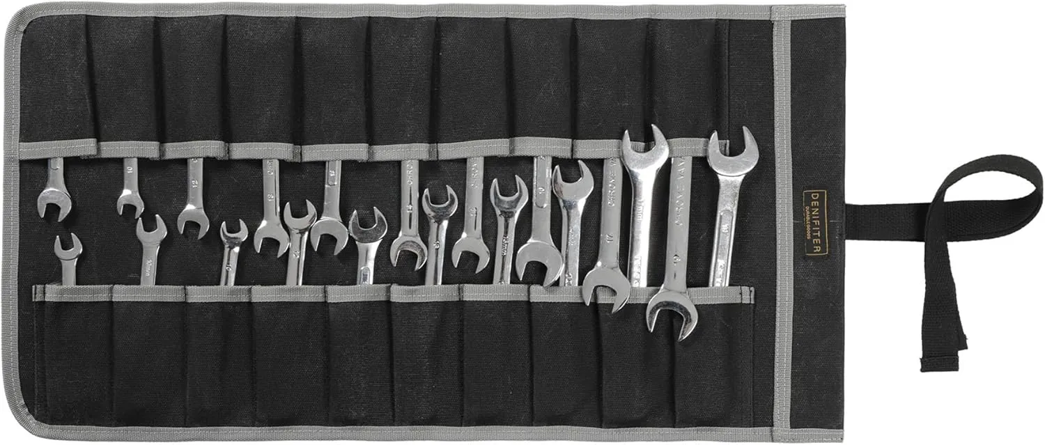 Wrench Roll Up Pouch (20 Slots), Portable Carry On Pouch Workshop Storage Woodworking Tools Organizer Bag Waxed Canvas Tool Roll & Black