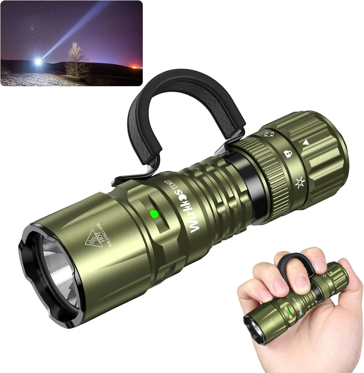 Wurkkos TD07 Flashlight, LED Tactical Flashlight, 1300 High Lumen EDC Small Flashlight, USB-C Rechargeable Flashlights, Turbo/Strobe Momentary, IP68 Waterproof, Flash Light for Camping(Olive Green)