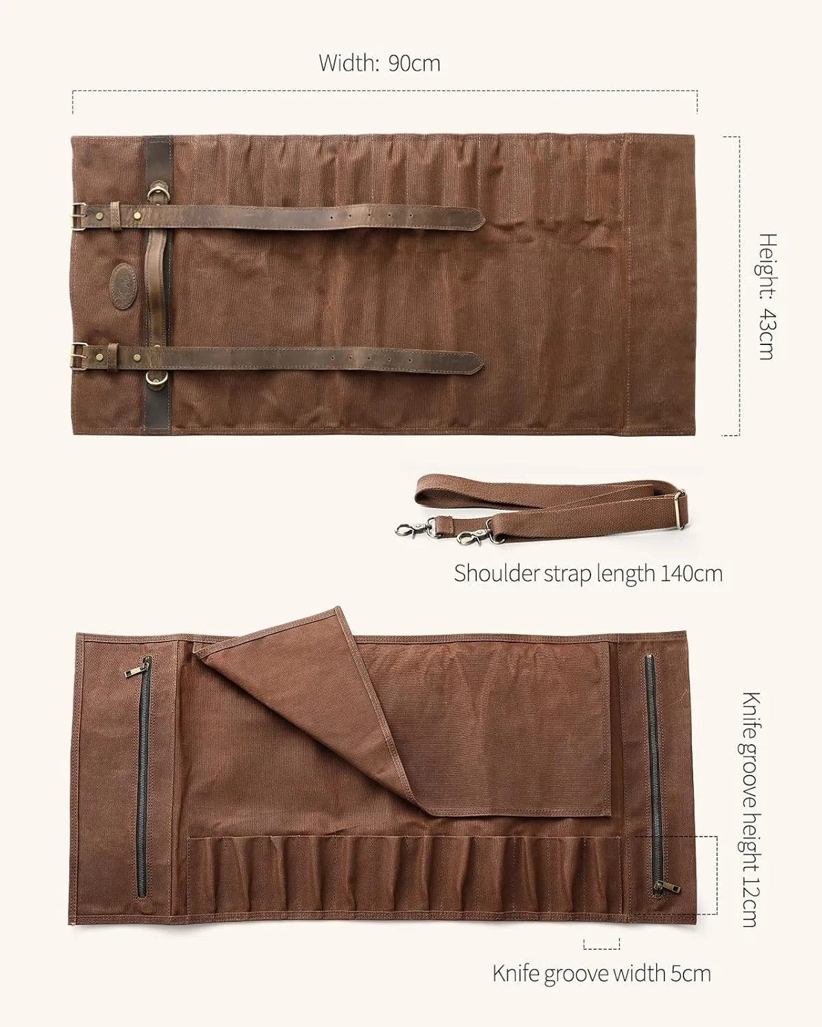 XINZUO Chef Knife Roll Bag-Professional Chef Knife Case-16oz Waxed Canvas and Crazy Horse Leather -With 12 Slots Plus 2 Zipper Pockets to Hold Kitchen Cooking Tools-Travel Tool Roll Pouch(Bag Only)
