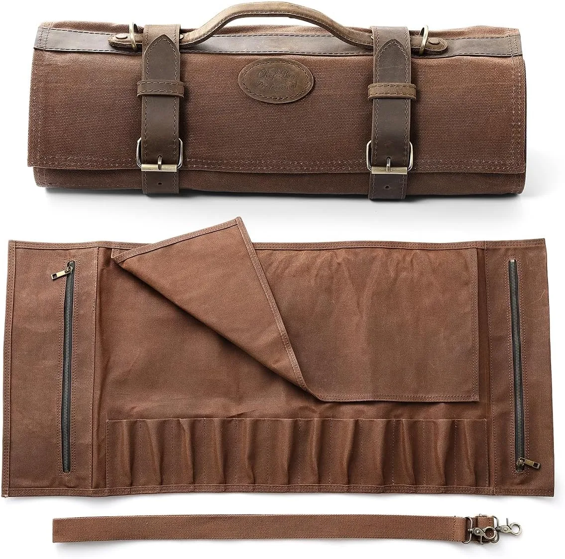 XINZUO Chef Knife Roll Bag-Professional Chef Knife Case-16oz Waxed Canvas and Crazy Horse Leather -With 12 Slots Plus 2 Zipper Pockets to Hold Kitchen Cooking Tools-Travel Tool Roll Pouch(Bag Only)