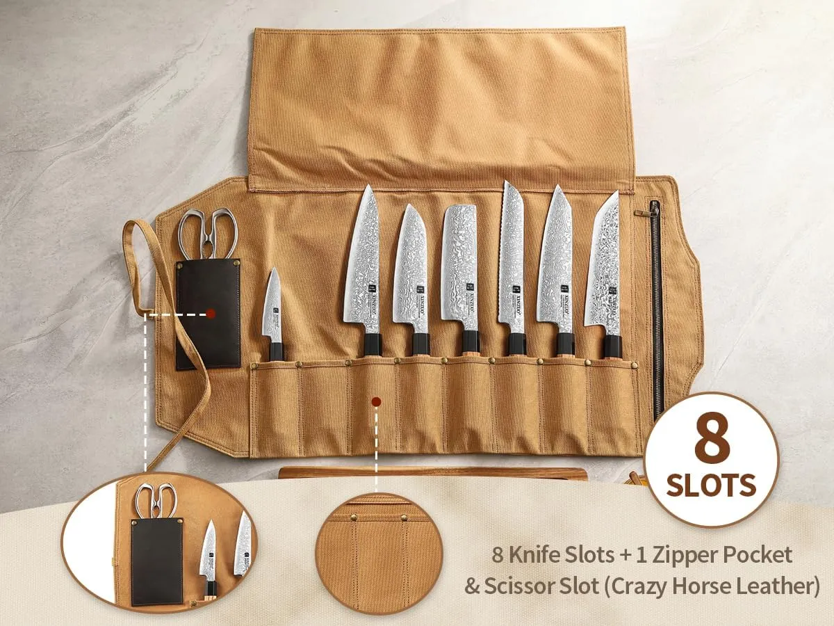 XINZUO Professional Chef Knife Roll Bag,Thickened Starched Canvas and Crazy Horse Leather Scissor Slot,Small Chef's Knife Case Holder Cutlery Sheath,8 Knife Slots,khaki